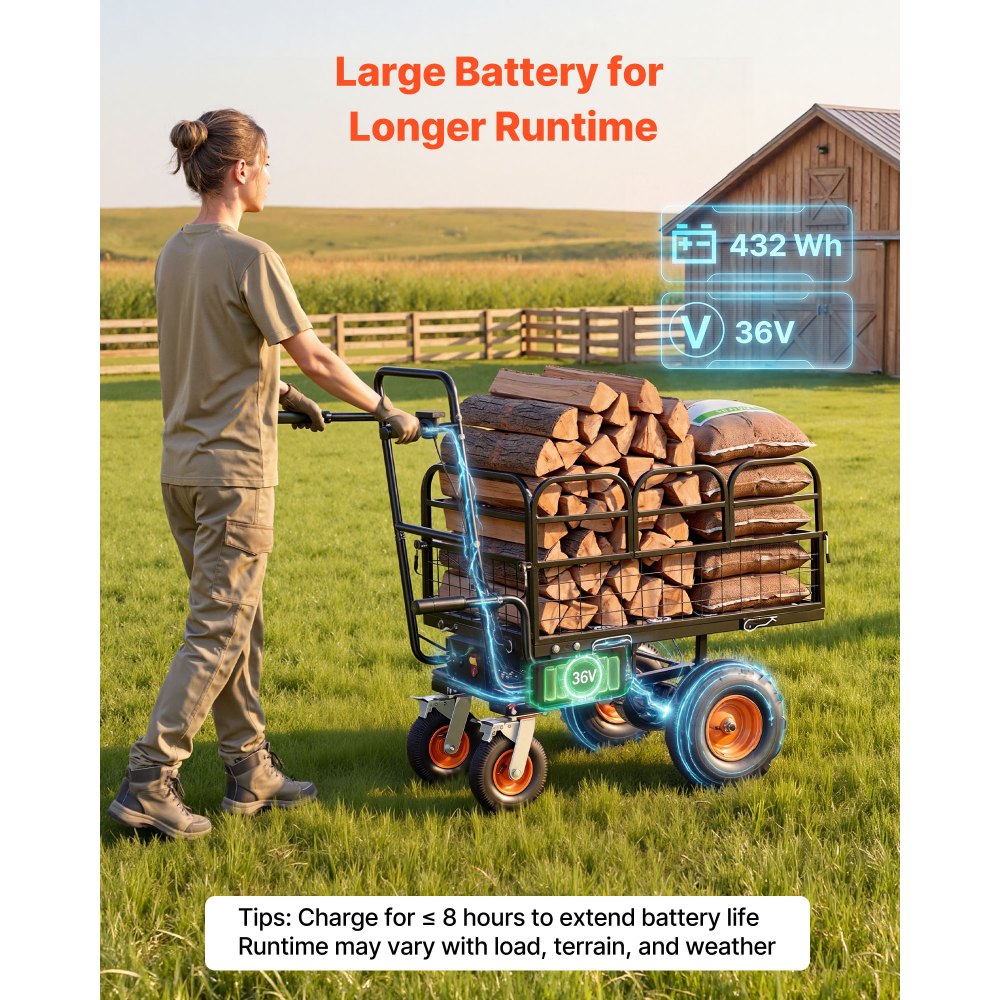 VEVOR Electric Utility Cart, 36V 432Wh Battery Powered Electric Wagon, 500W Power Wheelbarrow with Brake, 660 lbs Load Heavy Duty Steel Garden Cart for Farm and Yard All Purpose Modular Cargo Bed