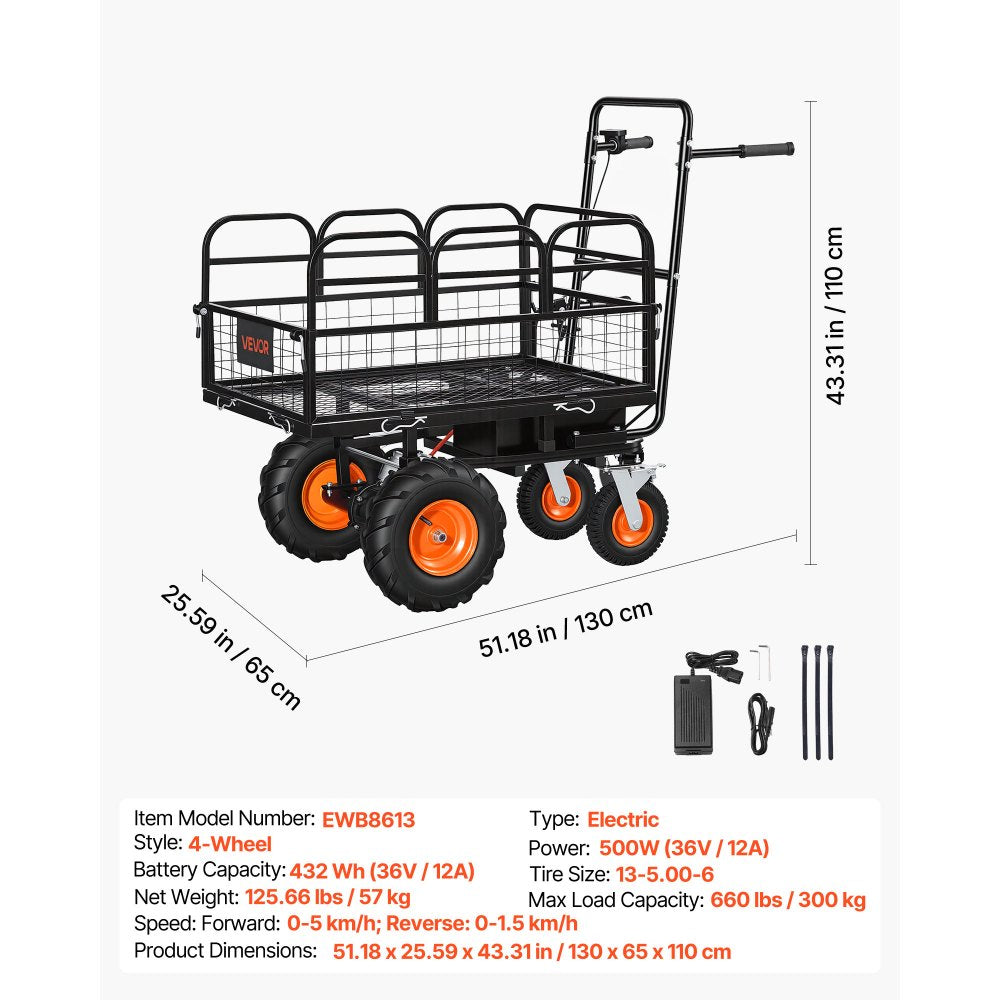 VEVOR Electric Utility Cart, 36V 432Wh Battery Powered Electric Wagon, 500W Power Wheelbarrow with Brake, 660 lbs Load Heavy Duty Steel Garden Cart for Farm and Yard All Purpose Modular Cargo Bed