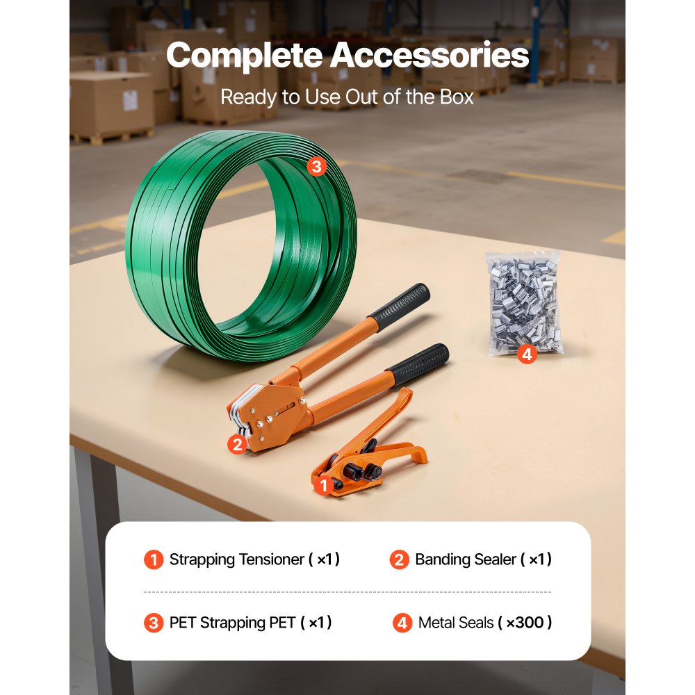 VEVOR Banding Strapping Kit, Heavy Duty Banding Sealer Tool with 1000 ft Length PET Band, 300 Metal Seals, Plastic Manual Pallet Packaging Strapping Kit for Warehouse/Shipping/Moving/Home, Orange