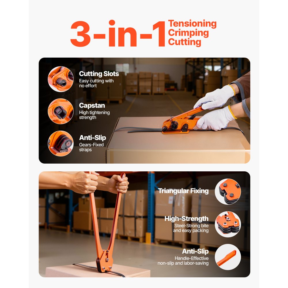 VEVOR Banding Strapping Kit, Heavy Duty Banding Sealer Tool with 2000 ft PET Band, 600 Metal Seals, 200 Corner Protectors, Plastic Pallet Packaging Strapping Kit for Warehouse, Transportation, Home