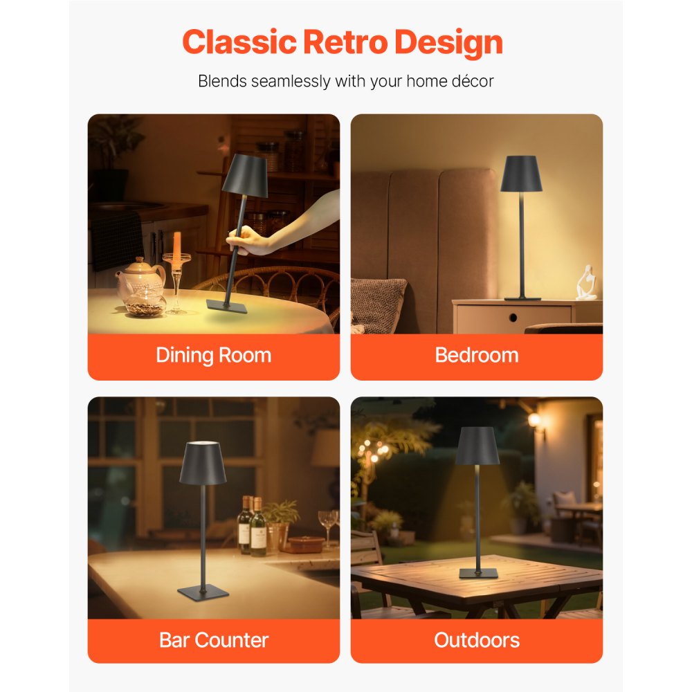 VEVOR Cordless Table Lamp, 2-Pack, 5200mAh Built-in Rechargeable Battery Desk Lamp, 3 Color Stepless Dimming Up, 3000-6500K Color Temperature, Table Light for Restaurant, Bedroom, Outdoor, Black