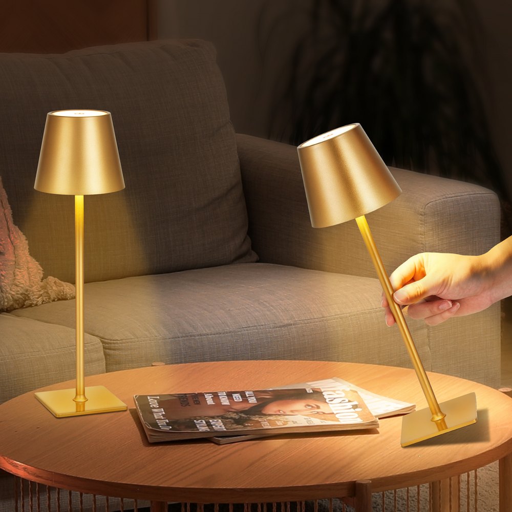 VEVOR Cordless Table Lamp, 2-Pack, 5200mAh Built-in Rechargeable Battery Desk Lamp, 3 Color Stepless Dimming Up, 3000-6500K Color Temperature, Table Light for Restaurant, Bedroom, Outdoor, Gold