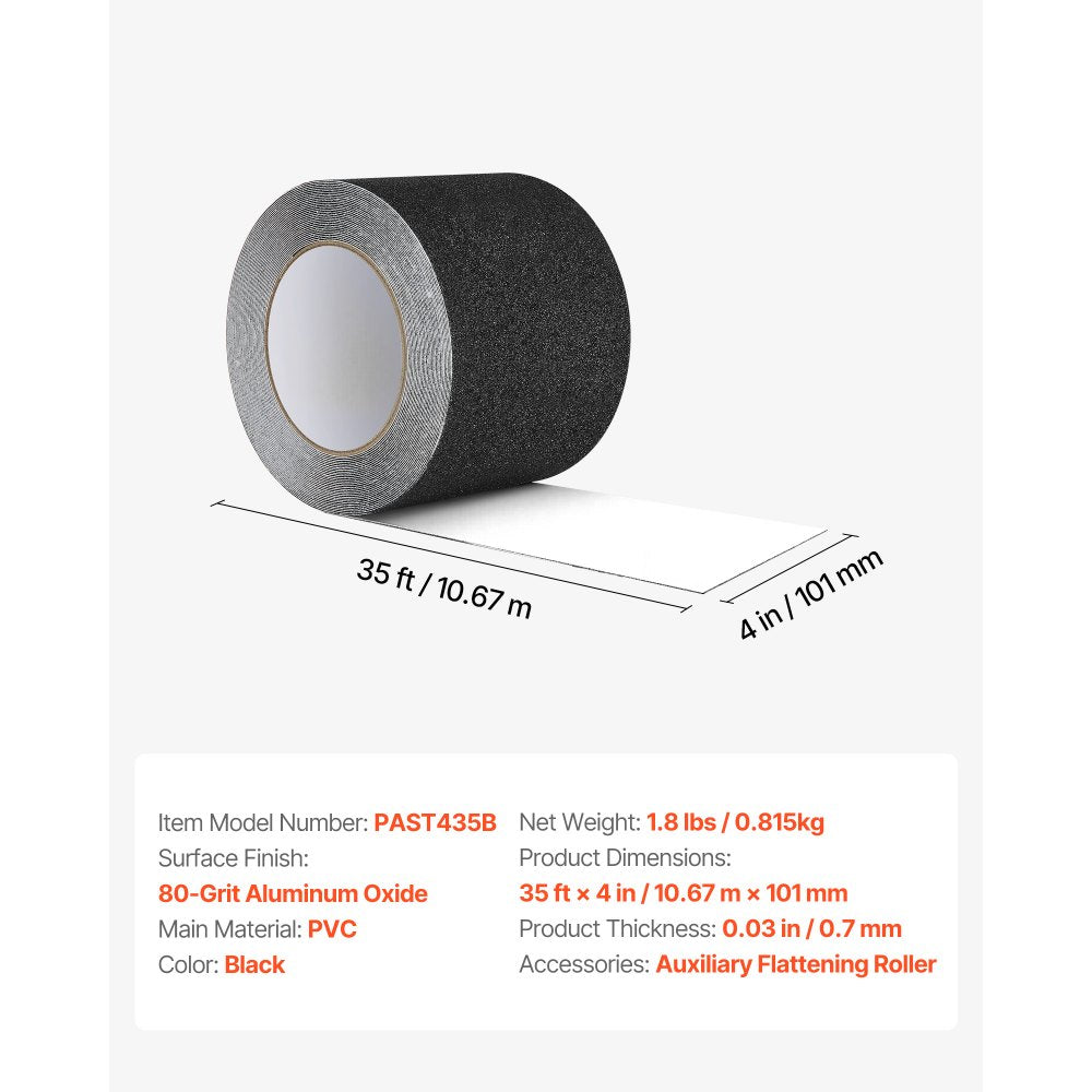 VEVOR Anti-Slip Tape, 35 FT x 4 inch Non Slip Grip Tape for Stairs Steps, 80-Grit Aluminum Oxide High Traction Non-Skid Stair Treads with Strong Adhesive Backing, Suitable for Indoor & Outdoor Use
