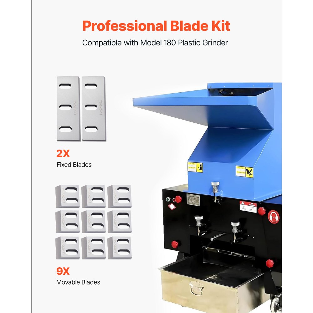 VEVOR Shredder Blades, Alloy Steel Shredder Machine Blade Kit with 9 Rotating and 2 Fixed Blades, High-Hardness SKD-11 Blade, Compatible with Model 180 Plastic Grinder, for ABS, PP, PVC & Nylon