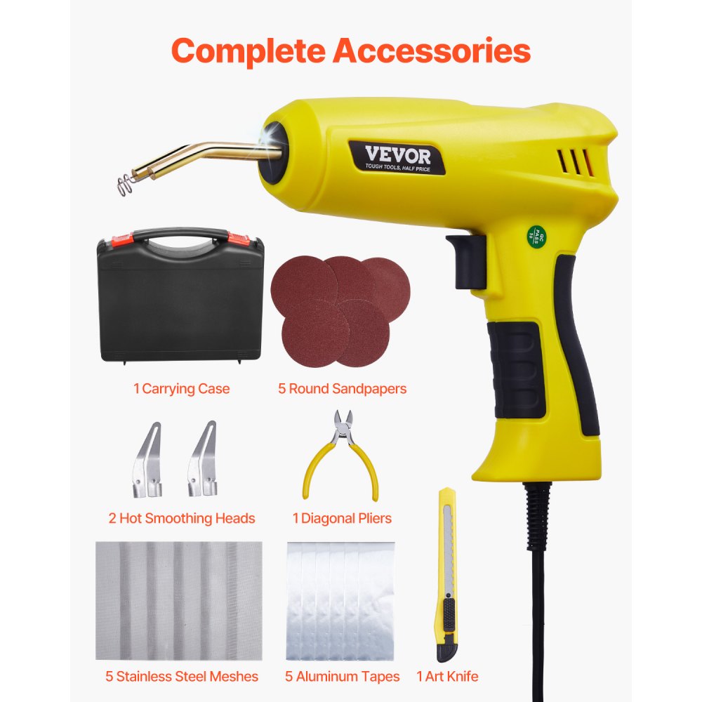 VEVOR Plastic Welding Kit, 220W Plastic Welder Gun with 1200PCS Hot Staples & 76PCS Welding Rods, Professional Hot Staple Welding Gun with LED Light, Carrying Case for Kayak, Toys, Car Bumper Repair