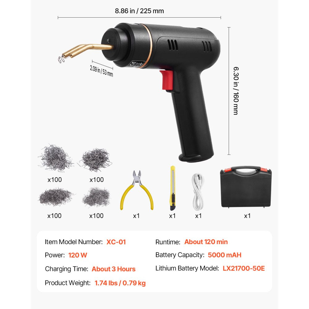 VEVOR Cordless Plastic Welder, 120W Plastic Welding Gun with 400PCS 4 Types Hot Staples, Rechargeable Hot Staple Welding Gun, Plastic Car Bumper Repair Kit for Kayak, Toys, Plastic Crack Repair