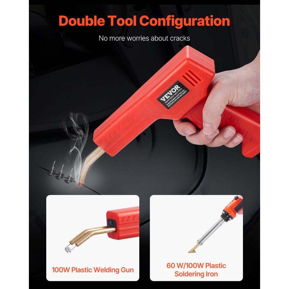 VEVOR Plastic Welder Kit Deluxe, 100W Plastic Welding Gun + 60 W/100W Soldering Iron, Professional Plastic Repair Welding Tool with 1000PCS Hot Staples & 60 Rods for Car Bumper Kayak Electronics Toys