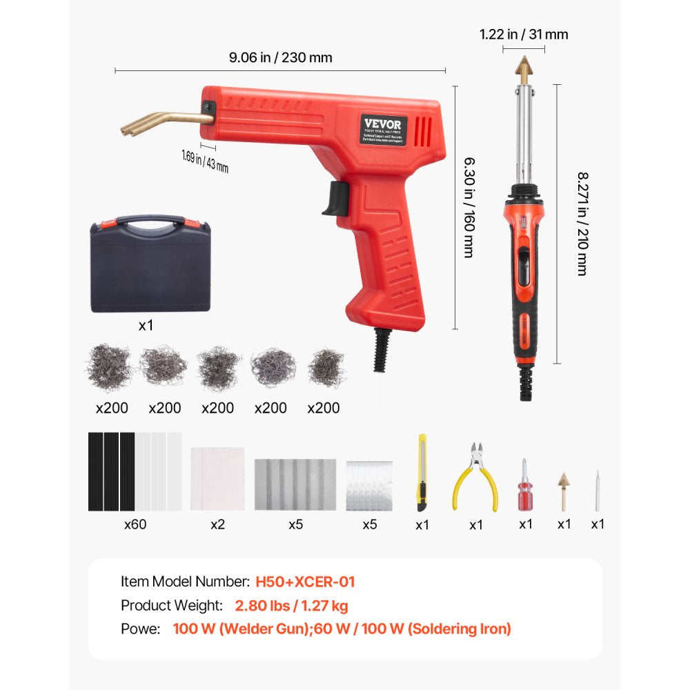 VEVOR Plastic Welder Kit Deluxe, 100W Plastic Welding Gun + 60 W/100W Soldering Iron, Professional Plastic Repair Welding Tool with 1000PCS Hot Staples & 60 Rods for Car Bumper Kayak Electronics Toys