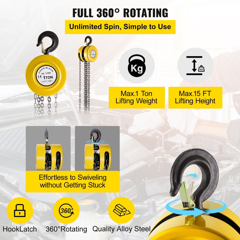 VEVOR Hand Chain Hoist, 2200 lbs /1 Ton Capacity Chain Block, 15ft/4.5m Lift Manual Hand Chain Block, Manual Hoist with Industrial-Grade Steel Construction for Lifting Good in Transport & Workshop, Ye