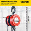 VEVOR Hand Chain Hoist, 4400 lbs /2 Ton Capacity Chain Block, 8ft/2.5m Lift Manual Hand Chain Block, Manual Hoist with Industrial-Grade Steel Construction for Lifting Good in Transport & Workshop, Red