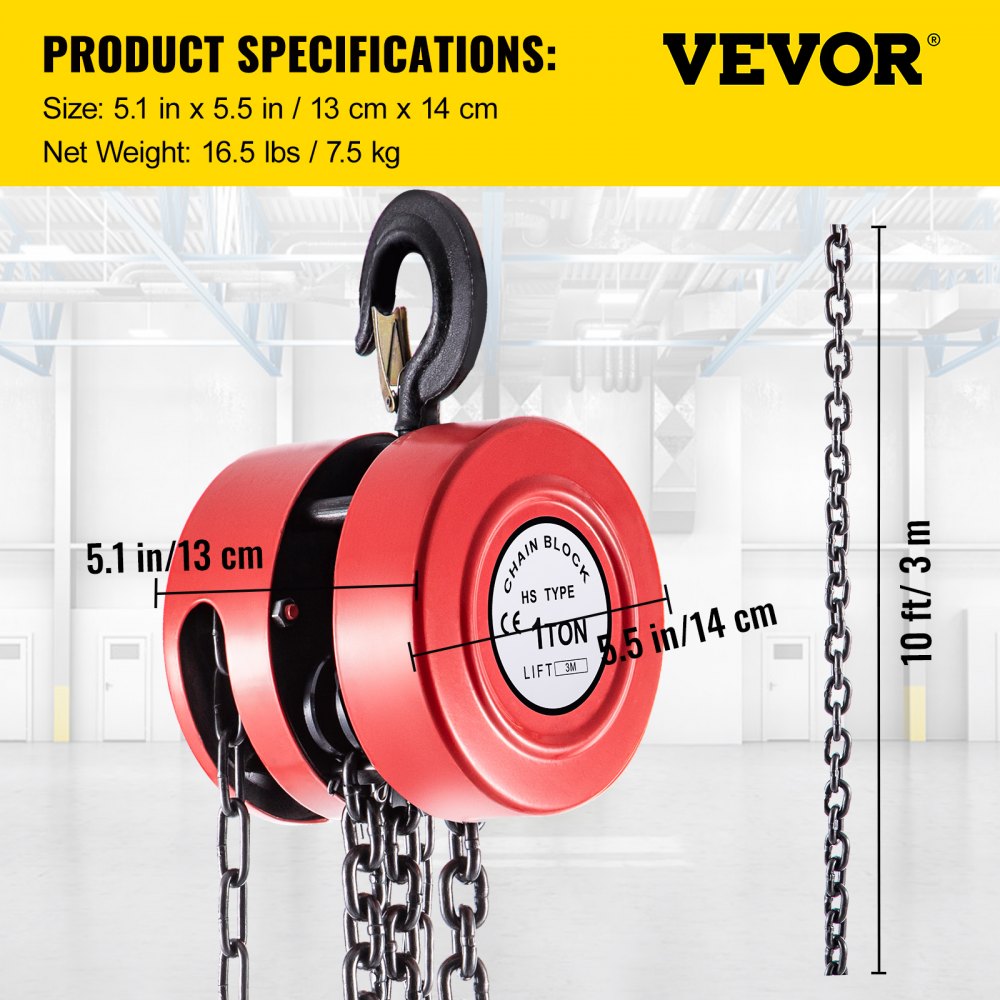 VEVOR Hand Chain Hoist, 2200 lbs /1 Ton Capacity Chain Block, 10ft/3m Lift Manual Hand Chain Block, Manual Hoist with Industrial-Grade Steel Construction for Lifting Good in Transport & Workshop, Red