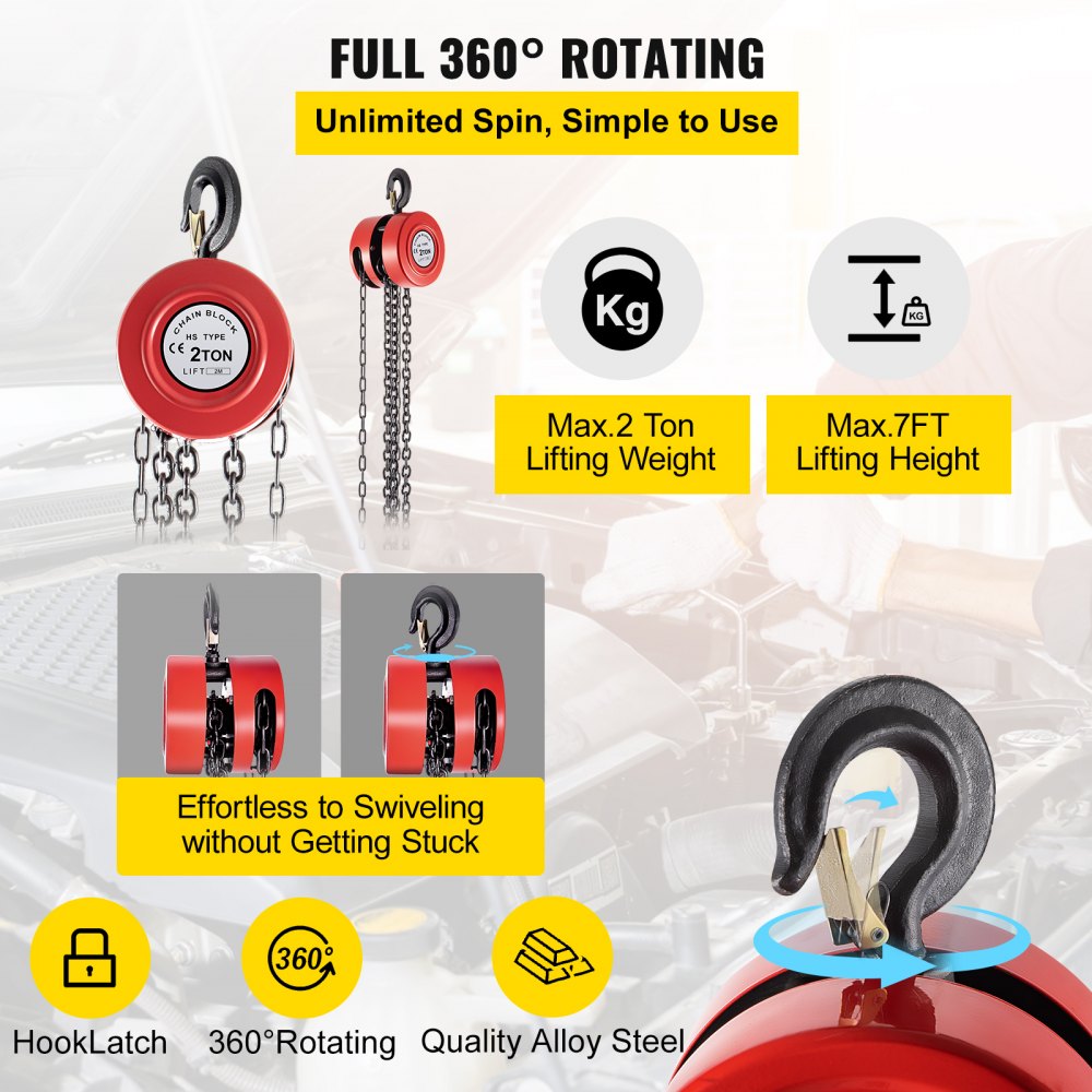 VEVOR Hand Chain Hoist, 4400 lbs /2 Ton Capacity Chain Block, 7ft/2m Lift Manual Hand Chain Block, Manual Hoist with Industrial-Grade Steel Construction for Lifting Good in Transport & Workshop, Red