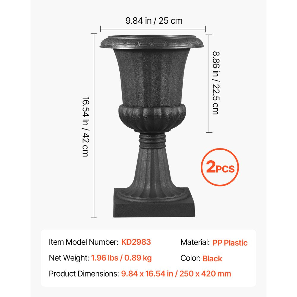 VEVOR Plastic Urn Planters, 9.8 x 16.5 Inch, 2 Pack Black Classic Flower Pots Front Porch Planters, Indoor & Outdoor Vase for Wedding, Party, Event, Home, Stage, Garden, Balcony, Patio Decoration