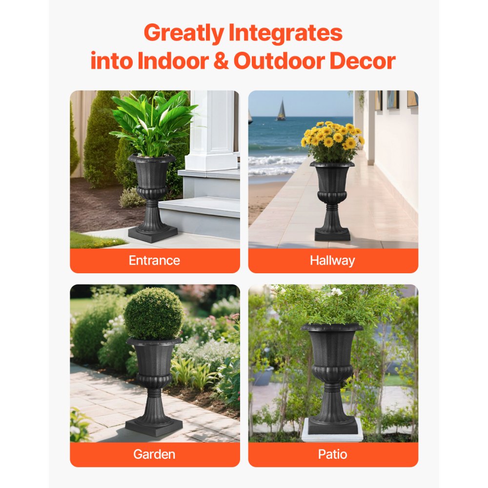 VEVOR Plastic Urn Planters, 9.8 x 16.5 Inch, 2 Pack Black Classic Flower Pots Front Porch Planters, Indoor & Outdoor Vase for Wedding, Party, Event, Home, Stage, Garden, Balcony, Patio Decoration