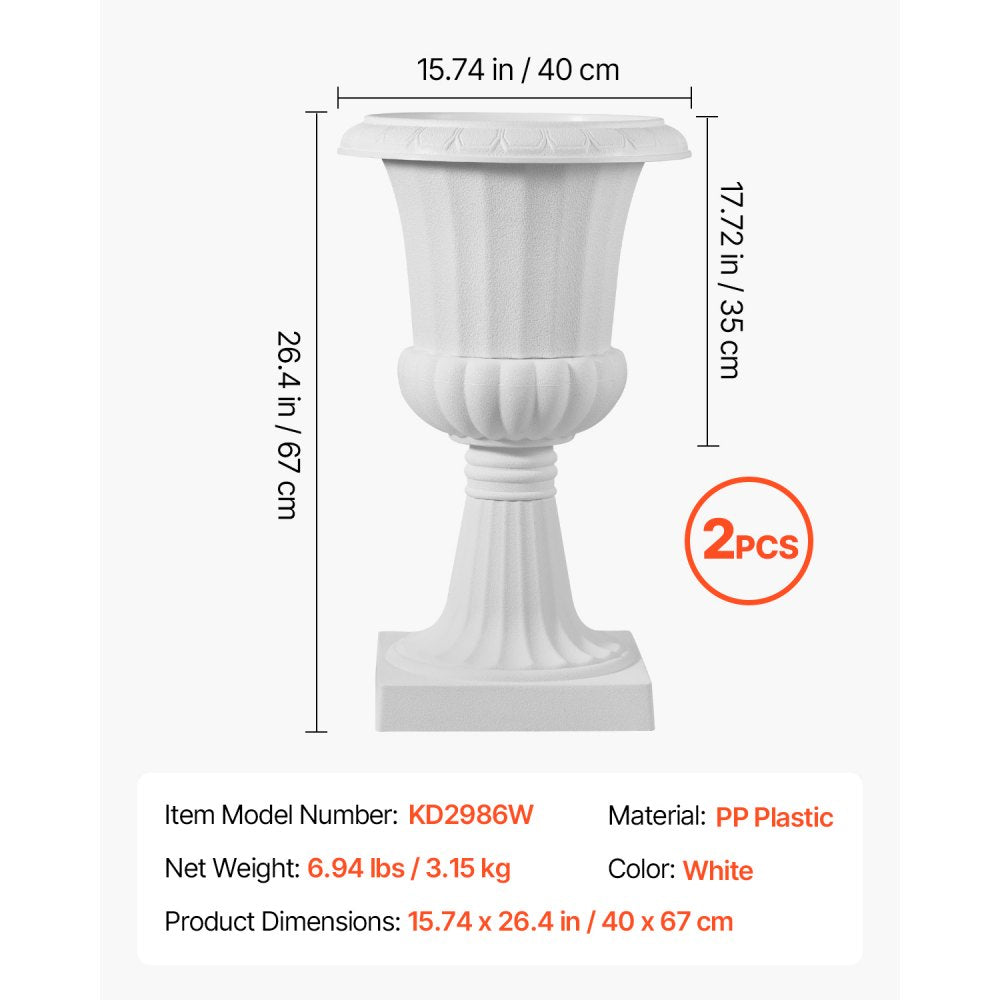 VEVOR Plastic Urn Planters, 15.8 x 26.4 Inch, 2 Pack White Classic Flower Pots Front Porch Planters, Indoor & Outdoor Vase for Wedding, Party, Event, Home, Stage, Garden, Balcony, Patio Decoration