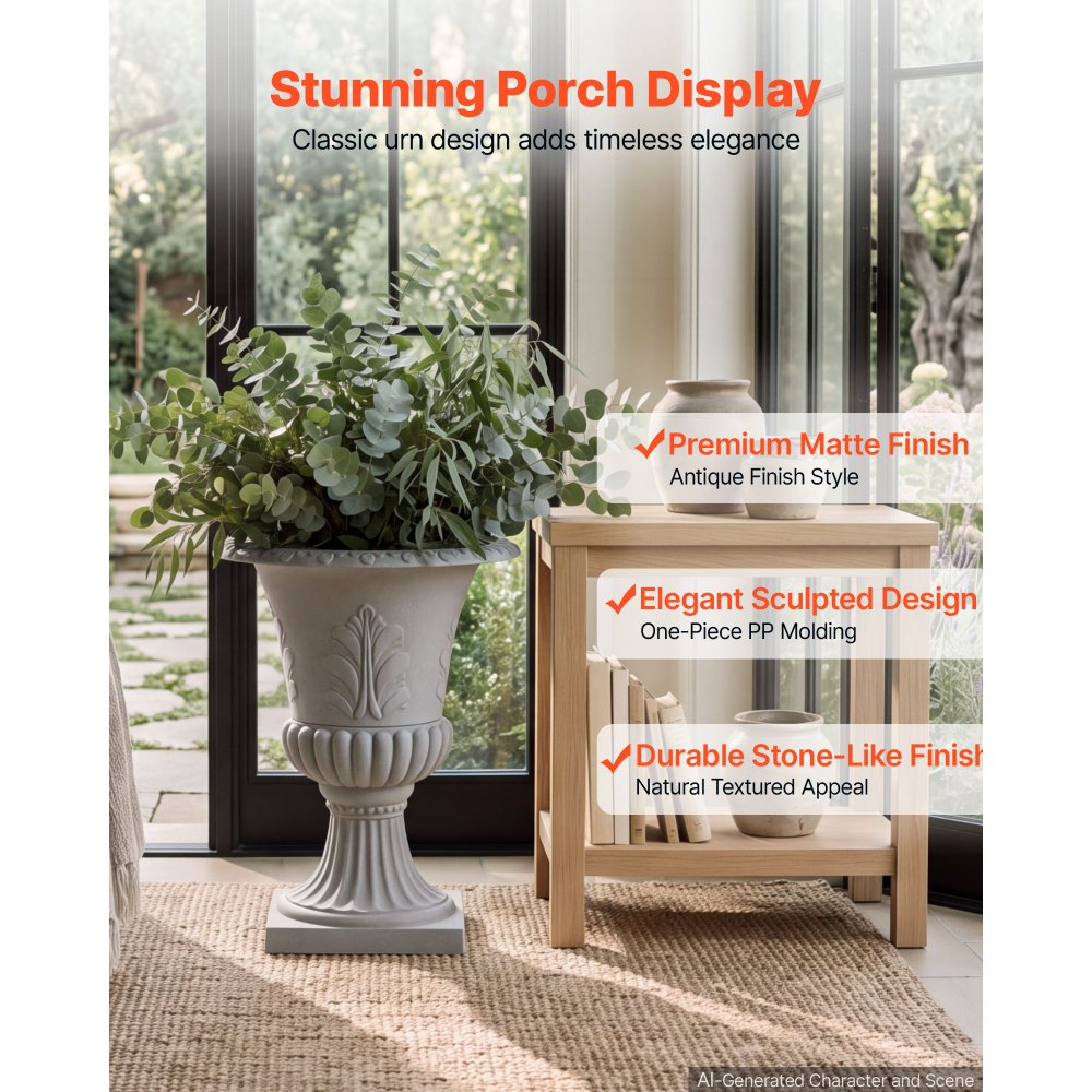 VEVOR Plastic Urn Planter 15.75"x21.26" 1 Pack Gray Classic Urn Flower Pot, for Wedding, Party, Event, Home, Stage, Garden, Balcony, and Patio Decoration, Front Porch Planter, Indoor & Outdoor Vase