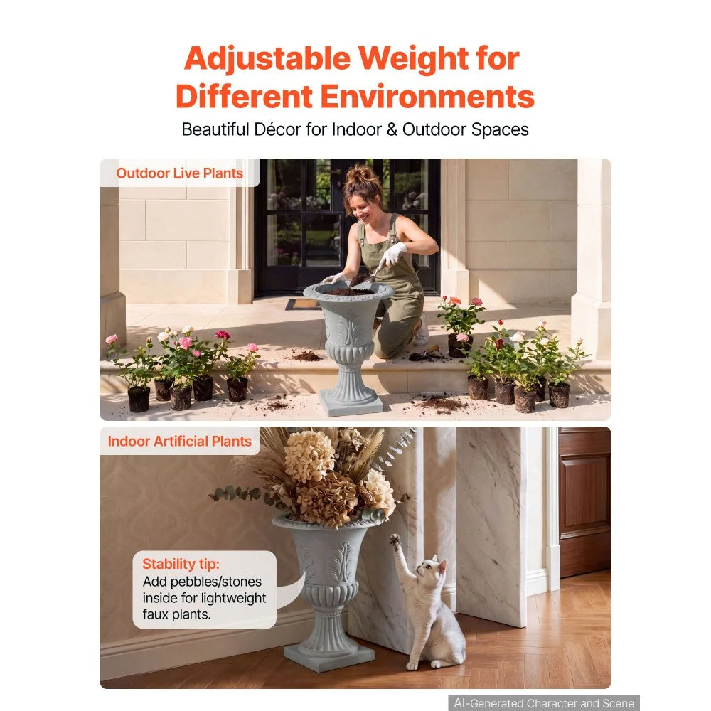 VEVOR Plastic Urn Planter 15.75"x21.26" 1 Pack Gray Classic Urn Flower Pot, for Wedding, Party, Event, Home, Stage, Garden, Balcony, and Patio Decoration, Front Porch Planter, Indoor & Outdoor Vase