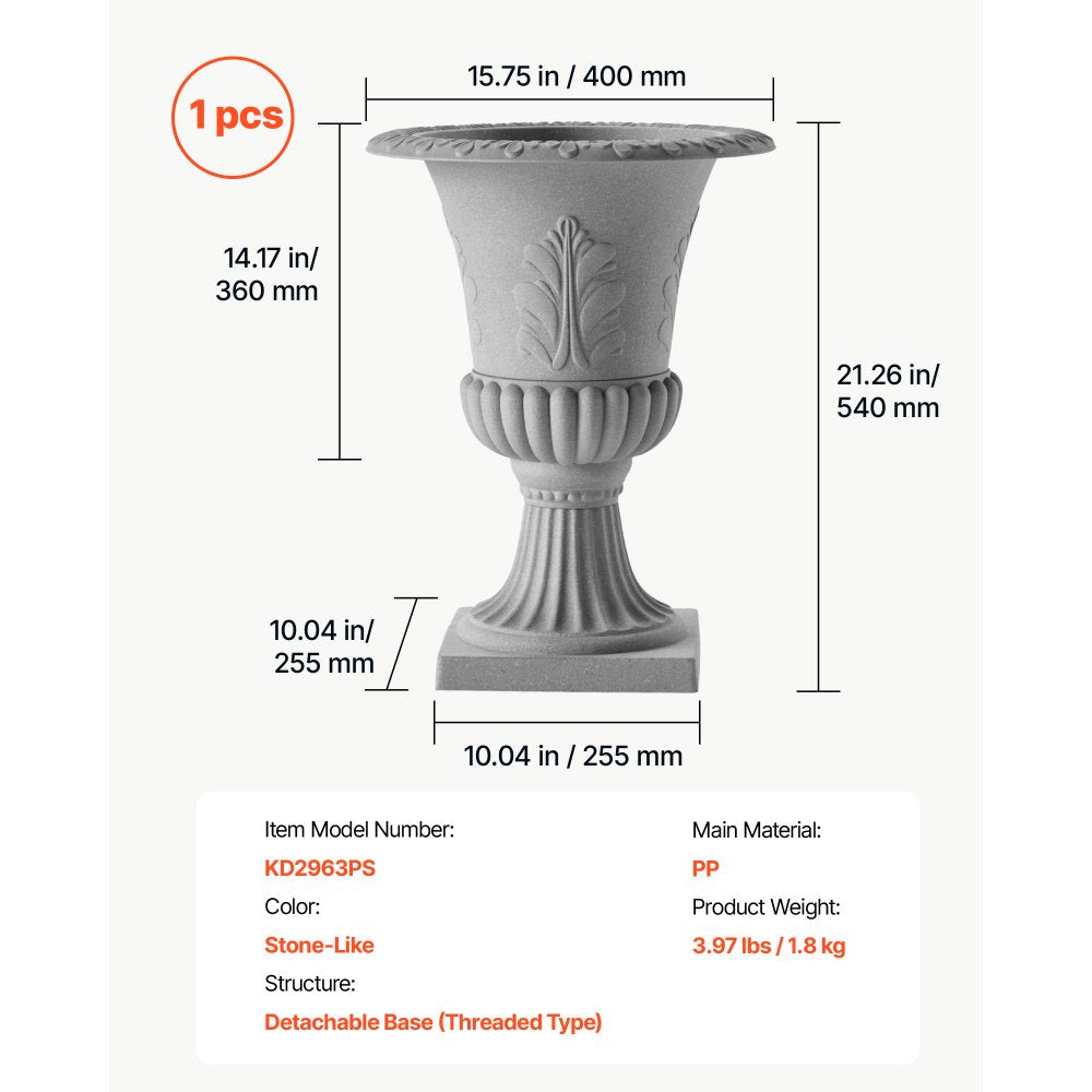 VEVOR Plastic Urn Planter 15.75"x21.26" 1 Pack Gray Classic Urn Flower Pot, for Wedding, Party, Event, Home, Stage, Garden, Balcony, and Patio Decoration, Front Porch Planter, Indoor & Outdoor Vase