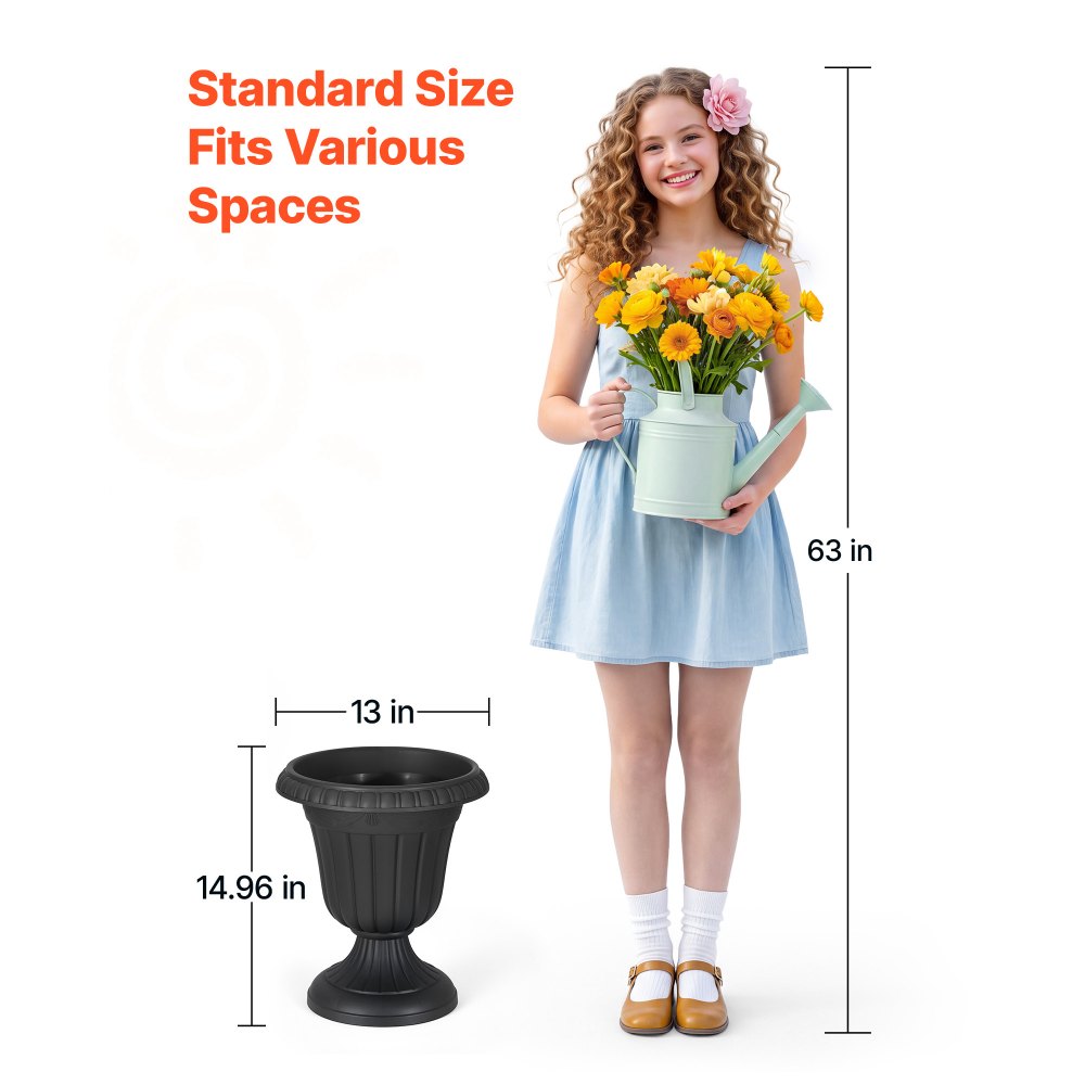 VEVOR Plastic Urn Planters 12.99"x14.96" 2 PCS Black Classic Urn Flower Pot, for Wedding, Party, Event, Home, Stage, Garden, Balcony, and Patio Decoration, Front Porch Planters, Indoor & Outdoor Vase