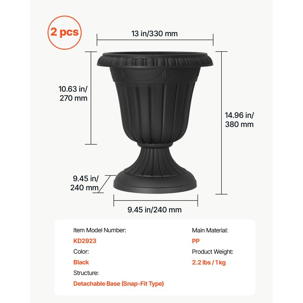 VEVOR Plastic Urn Planters 12.99"x14.96" 2 PCS Black Classic Urn Flower Pot, for Wedding, Party, Event, Home, Stage, Garden, Balcony, and Patio Decoration, Front Porch Planters, Indoor & Outdoor Vase