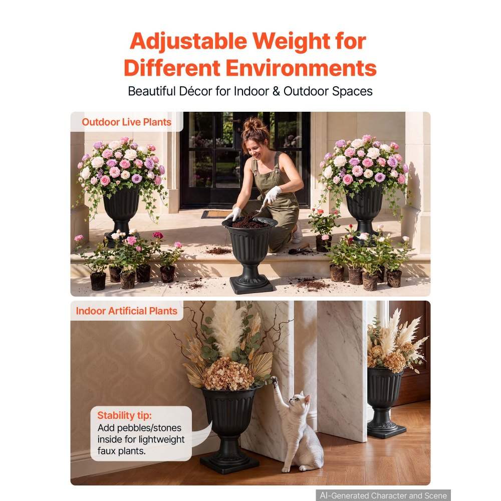 VEVOR Plastic Urn Planters 15.75"x18.9" 2 PCS Black Classic Urn Flower Pot, for Wedding, Party, Event, Home, Stage, Garden, Balcony, and Patio Decoration, Front Porch Planters, Indoor & Outdoor Vase