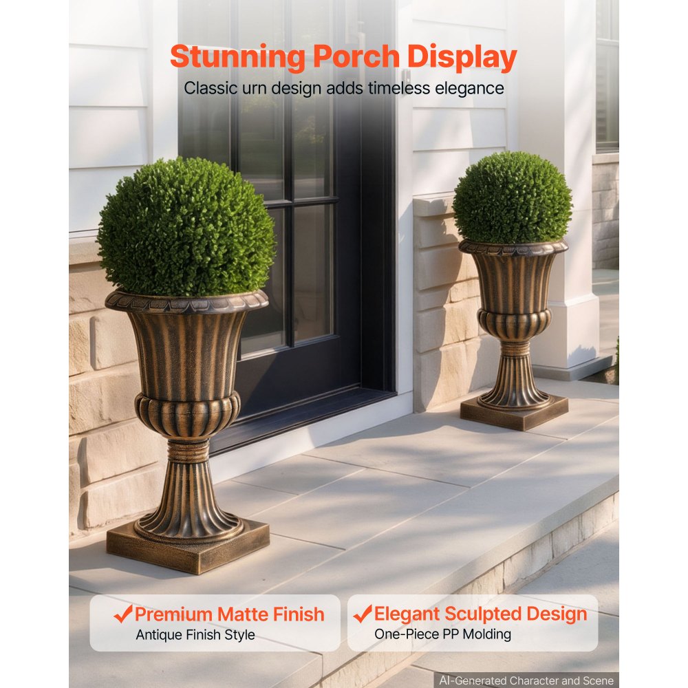 VEVOR Plastic Urn Planters 13.78"x22.83" 2 PCS Brass Classic Urn Flower Pot, for Wedding, Party, Event, Home, Stage, Garden, Balcony, and Patio Decoration, Front Porch Planters, Indoor & Outdoor Vase