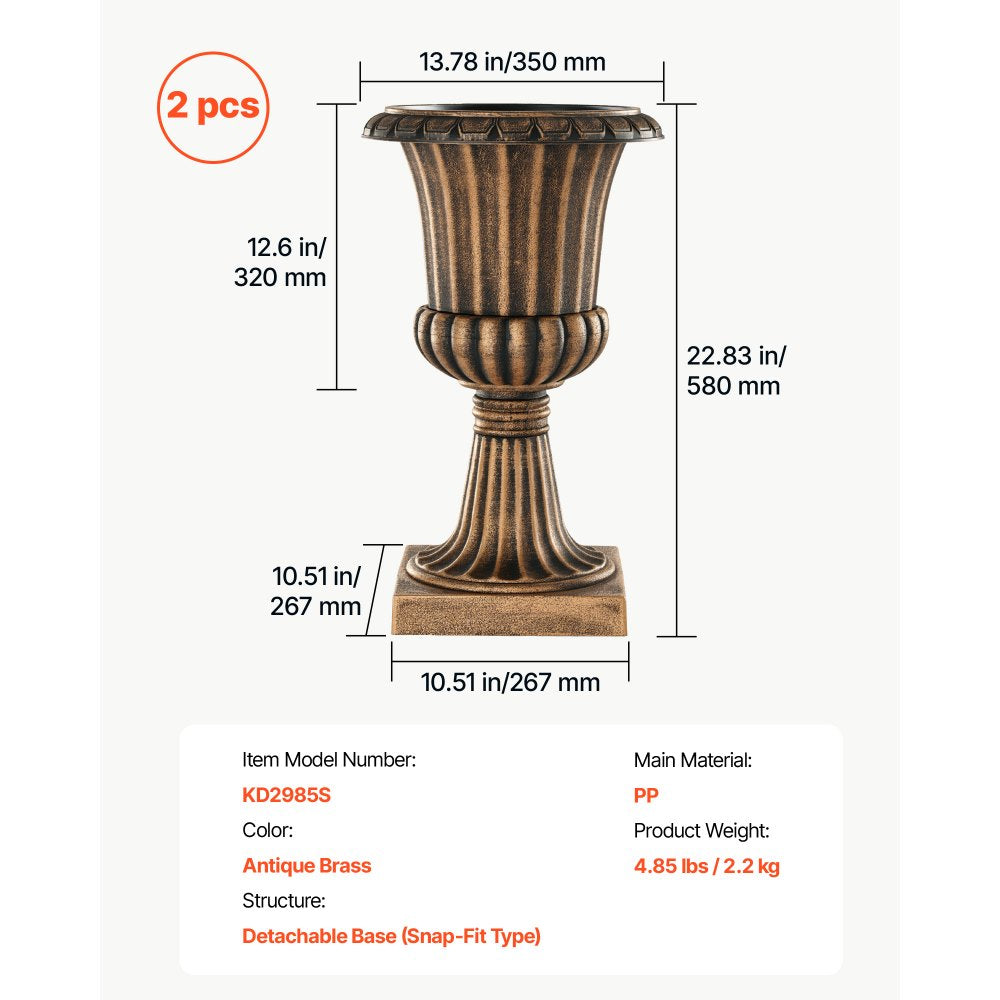 VEVOR Plastic Urn Planters 13.78"x22.83" 2 PCS Brass Classic Urn Flower Pot, for Wedding, Party, Event, Home, Stage, Garden, Balcony, and Patio Decoration, Front Porch Planters, Indoor & Outdoor Vase