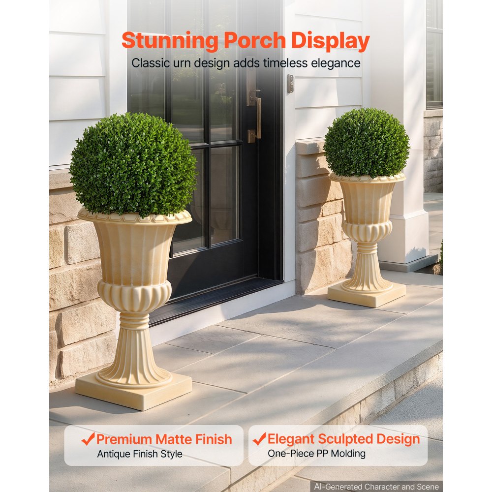 VEVOR Plastic Urn Planters 13.78"x22.83" 2 PCS Beige Classic Urn Flower Pot, for Wedding, Party, Event, Home, Stage, Garden, Balcony, and Patio Decoration, Front Porch Planters, Indoor & Outdoor Vase