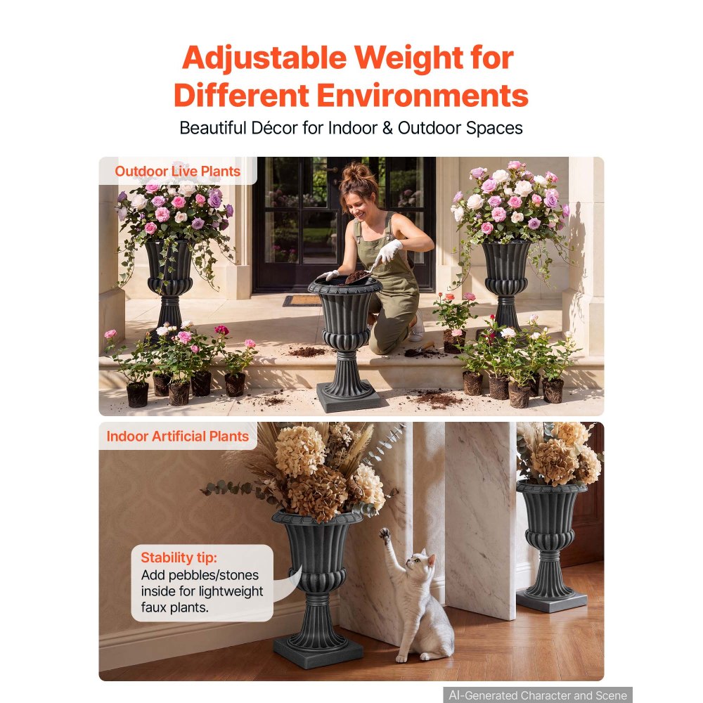 VEVOR Plastic Urn Planters 13.78"x22.83" 2 PCS Gray Classic Urn Flower Pot, for Wedding, Party, Event, Home, Stage, Garden, Balcony, and Patio Decoration, Front Porch Planters, Indoor & Outdoor Vase