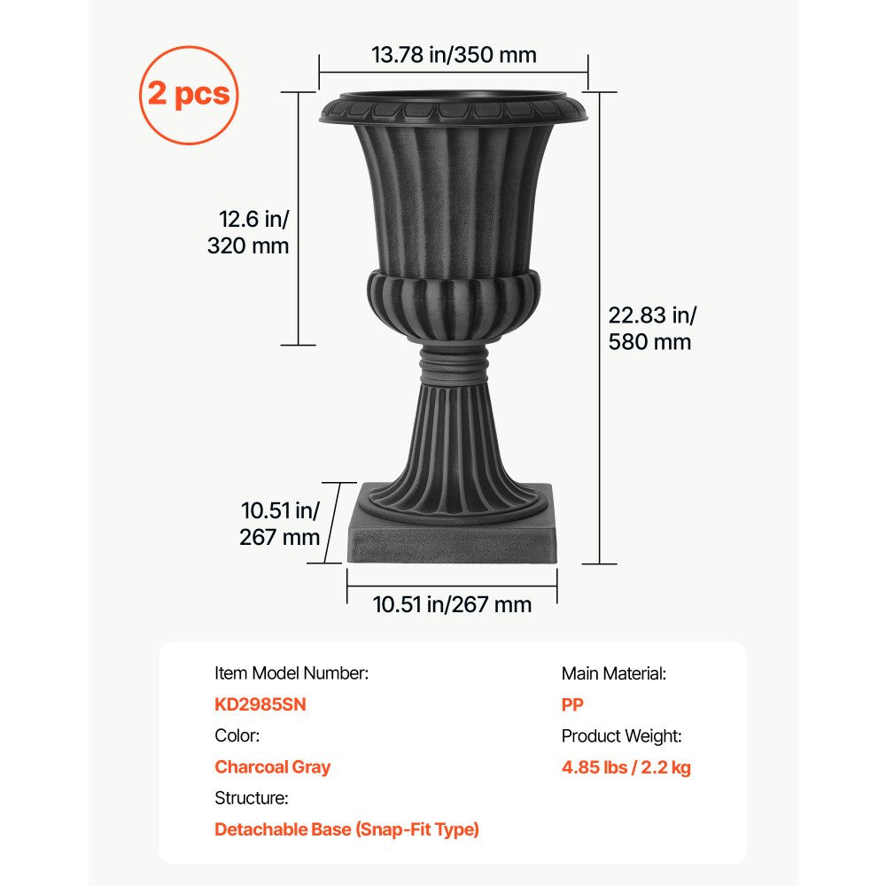 VEVOR Plastic Urn Planters 13.78"x22.83" 2 PCS Gray Classic Urn Flower Pot, for Wedding, Party, Event, Home, Stage, Garden, Balcony, and Patio Decoration, Front Porch Planters, Indoor & Outdoor Vase