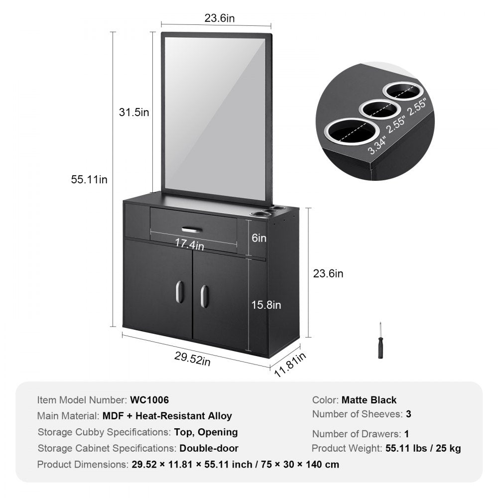 VEVOR Salon Organizer, Wall-Hanging Unit for Hairdressers, Complete with 3 Holders, Mirror, Dual-Door Storage, and Single Drawer, Black