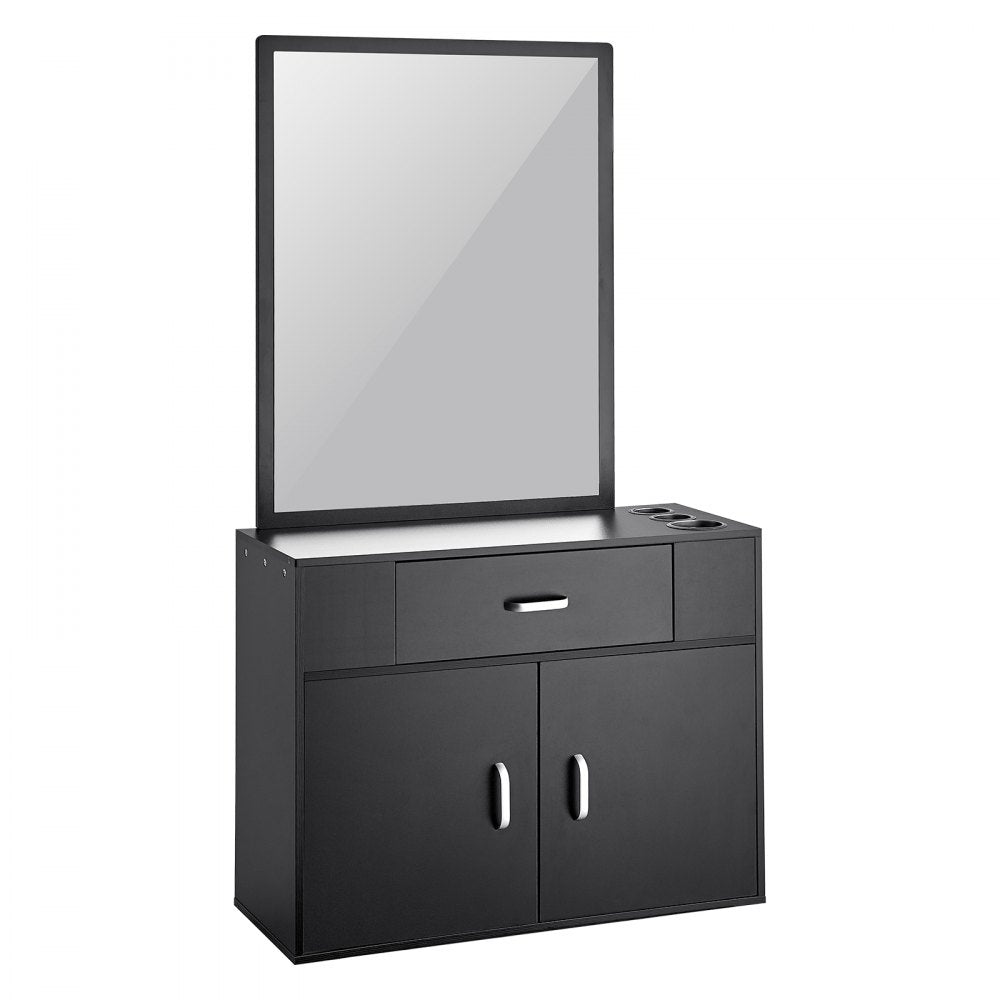 VEVOR Salon Organizer, Wall-Hanging Unit for Hairdressers, Complete with 3 Holders, Mirror, Dual-Door Storage, and Single Drawer, Black