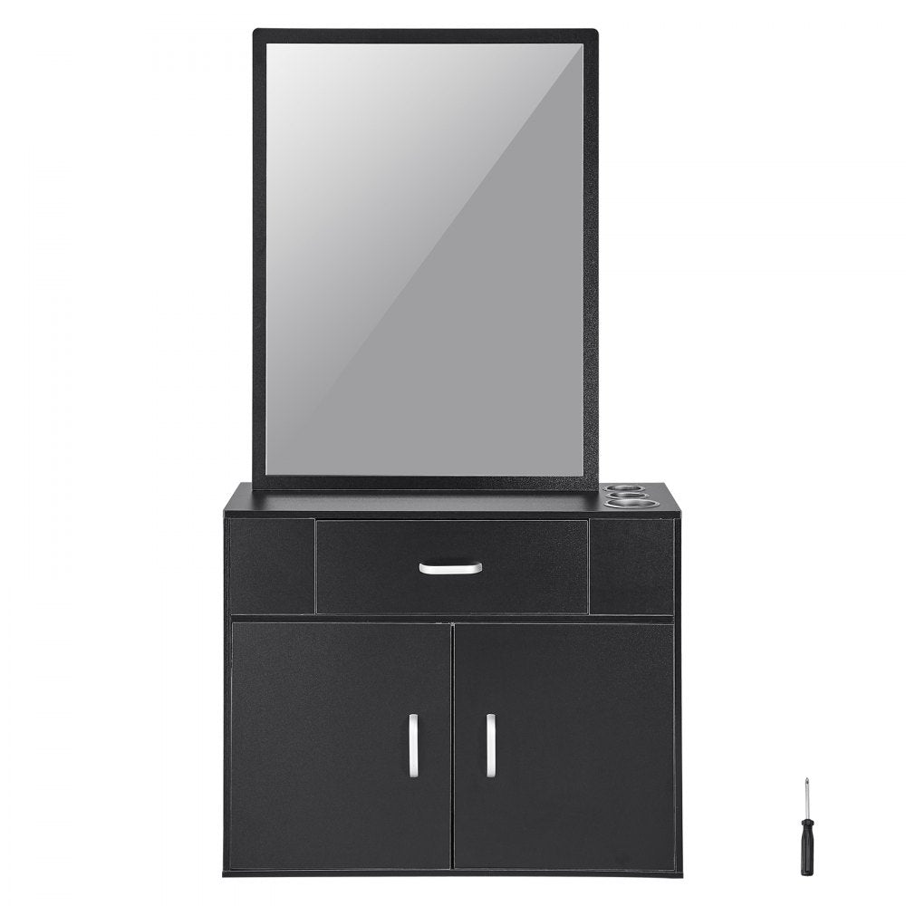 VEVOR Salon Organizer, Wall-Hanging Unit for Hairdressers, Complete with 3 Holders, Mirror, Dual-Door Storage, and Single Drawer, Black