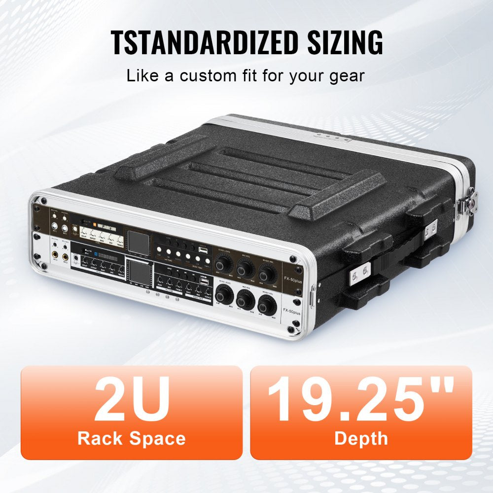 VEVOR 2U Rack Case, Standard 19 in Depth, Server Rack Cabinet with ABS Construction Handle Heavy-Duty Twist Butterfly Latches, Detachable Front & Back Panels, for Amps, Mixers, Microphone Receivers