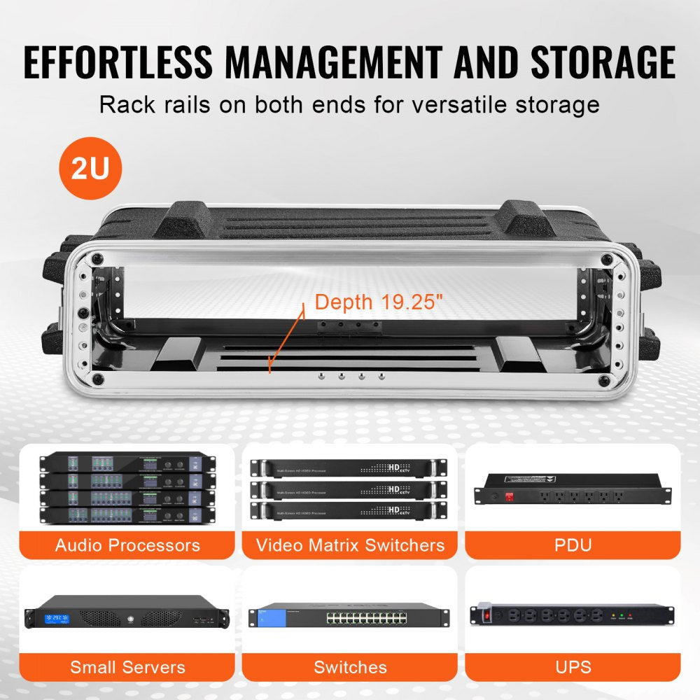 VEVOR 2U Rack Case, Standard 19 in Depth, Server Rack Cabinet with ABS Construction Handle Heavy-Duty Twist Butterfly Latches, Detachable Front & Back Panels, for Amps, Mixers, Microphone Receivers