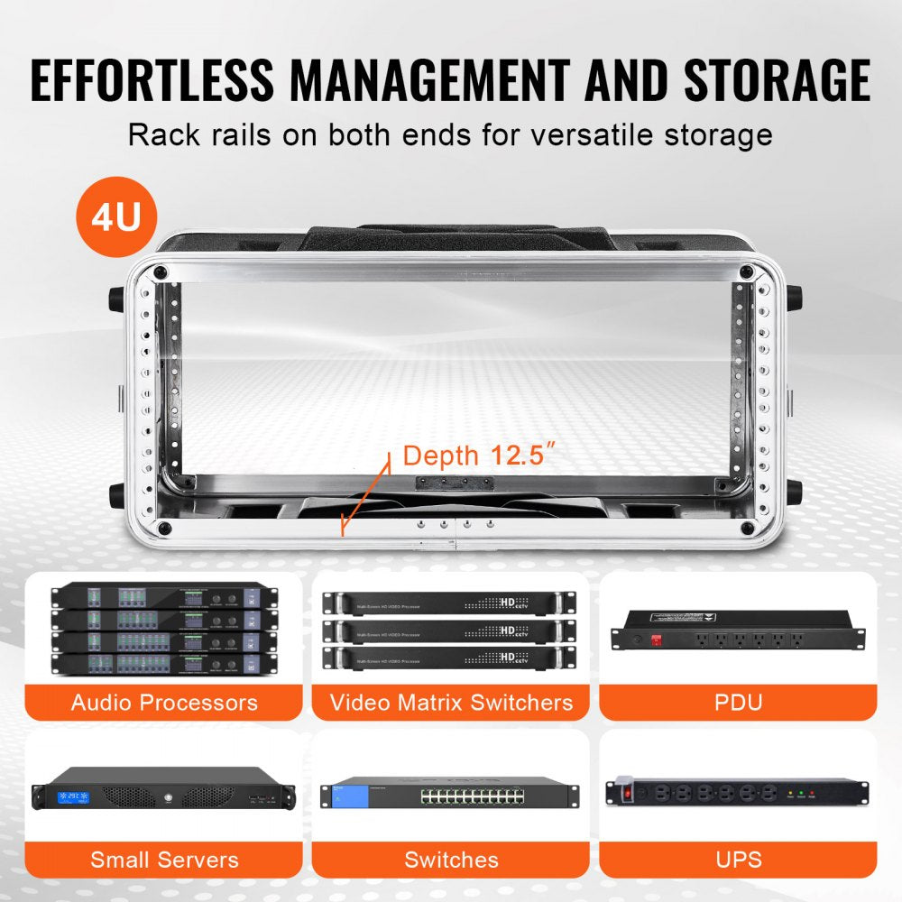 VEVOR 4U Rack Case, Standard 14 in Depth, Server Rack Cabinet with ABS Construction Handle Heavy-Duty Twist Butterfly Latches, Detachable Front & Back Panels, for Amps, Mixers, Microphone Receivers