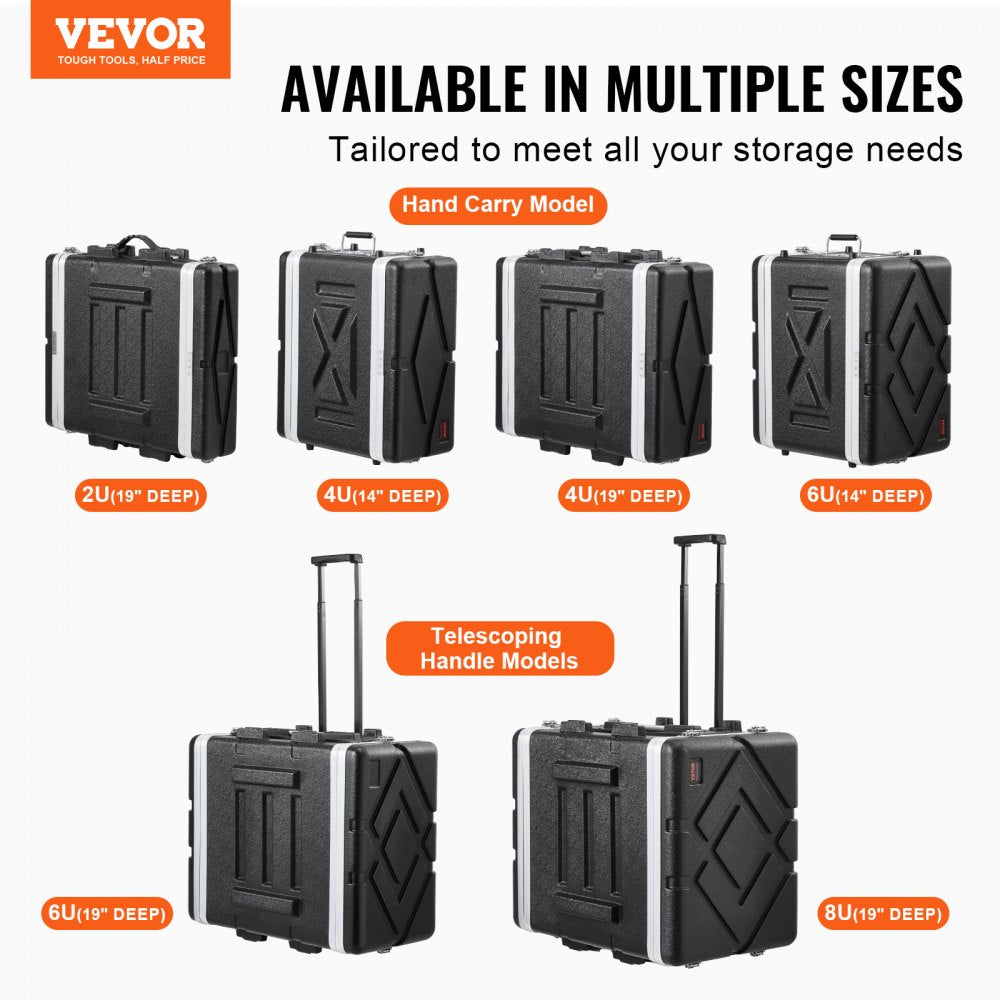 VEVOR 4U Rack Case, Standard 14 in Depth, Server Rack Cabinet with ABS Construction Handle Heavy-Duty Twist Butterfly Latches, Detachable Front & Back Panels, for Amps, Mixers, Microphone Receivers