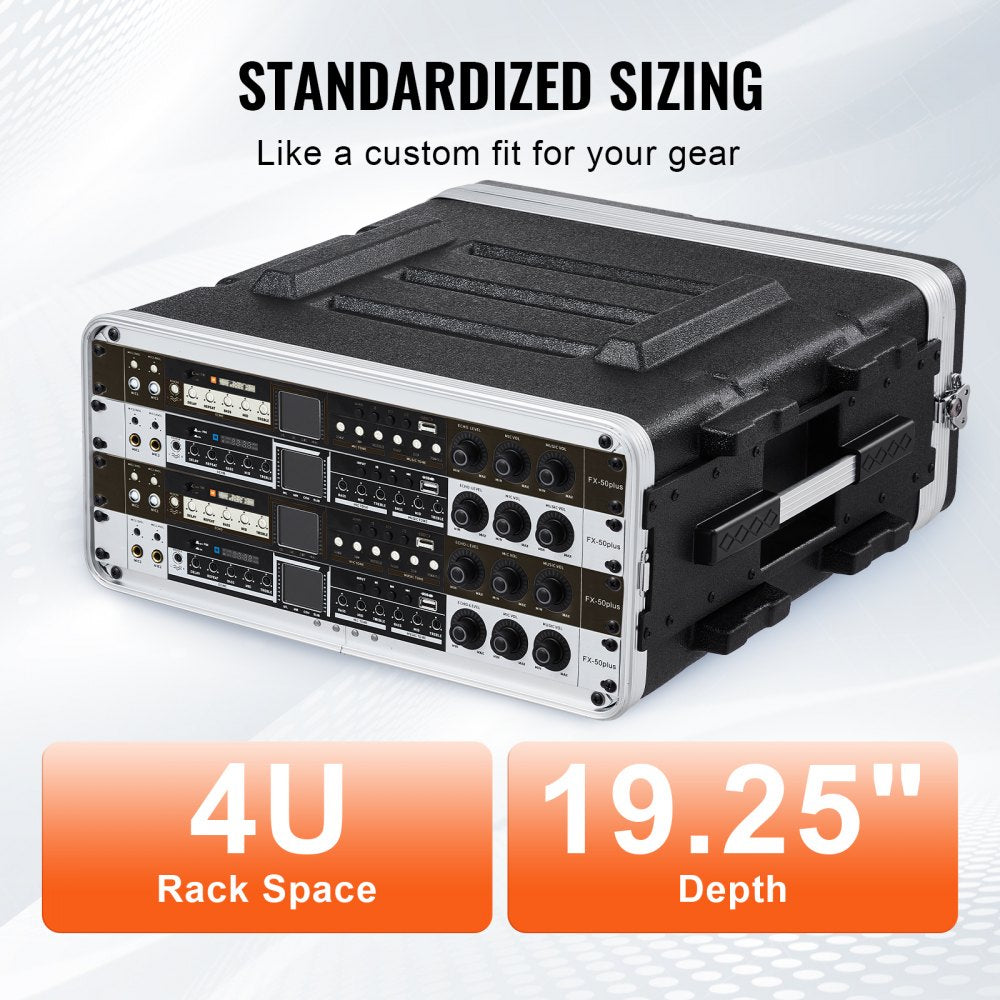 VEVOR 4U Rack Case, Standard 19 in Depth, Server Rack Cabinet with ABS Construction Handle Heavy-Duty Twist Butterfly Latches, Detachable Front & Back Panels, for Amps, Mixers, Microphone Receivers