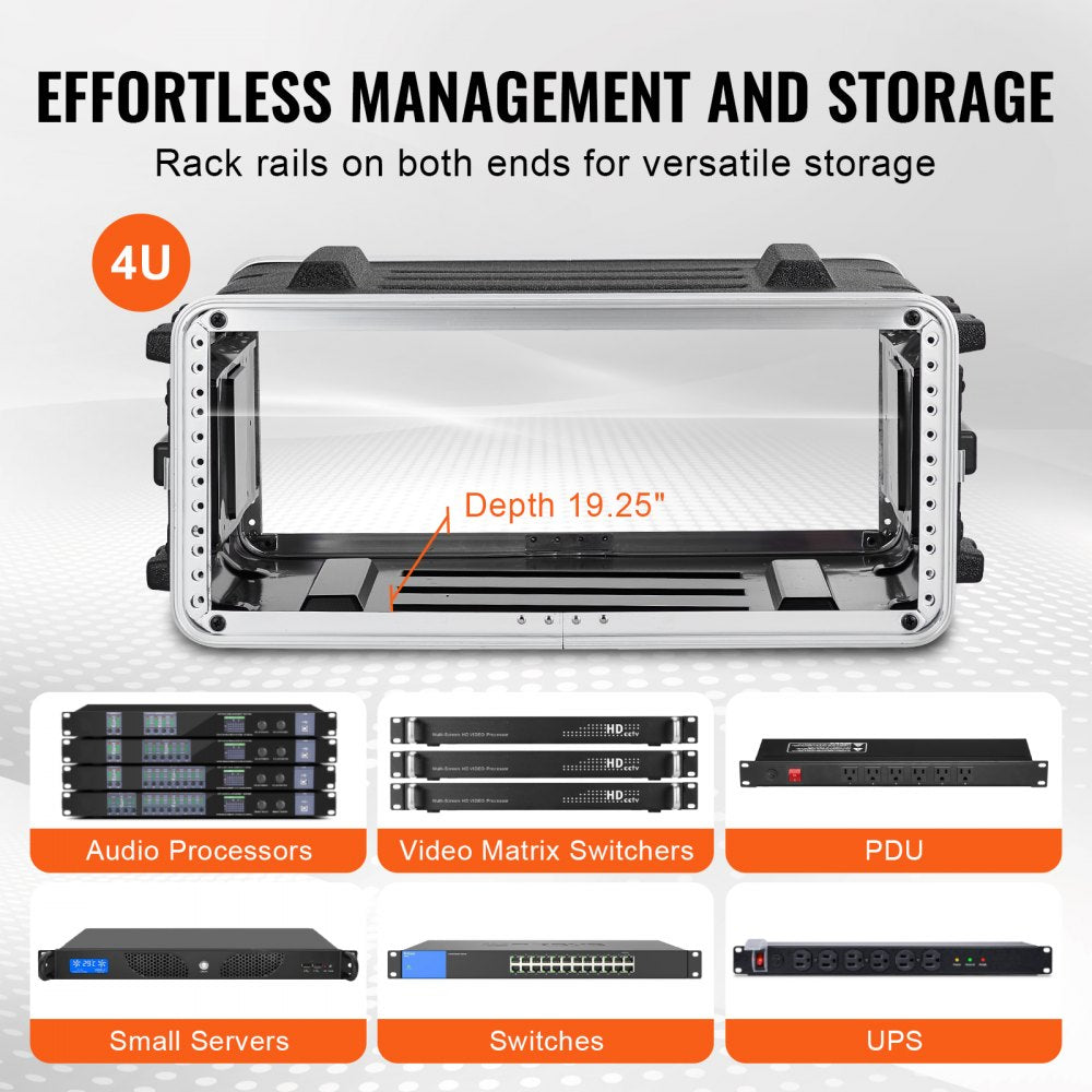 VEVOR 4U Rack Case, Standard 19 in Depth, Server Rack Cabinet with ABS Construction Handle Heavy-Duty Twist Butterfly Latches, Detachable Front & Back Panels, for Amps, Mixers, Microphone Receivers