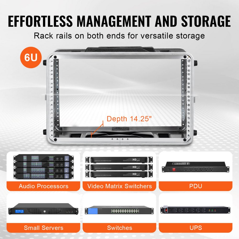 VEVOR 6U Rack Case, Standard 14 in Depth, Server Rack Cabinet with ABS Construction Handle Heavy-Duty Twist Butterfly Latches, Detachable Front & Back Panels, for Amps, Mixers, Microphone Receivers