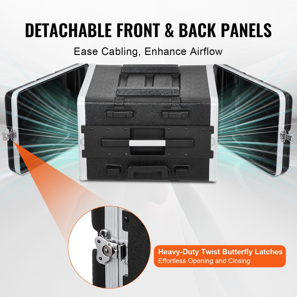 VEVOR 6U Rack Case, Standard 19 in Depth, Server Rack Cabinet with ABS Construction Wheels Heavy-Duty Twist Butterfly Latches, Detachable Front & Back Panels, for Amps, Mixers, Microphone Receivers