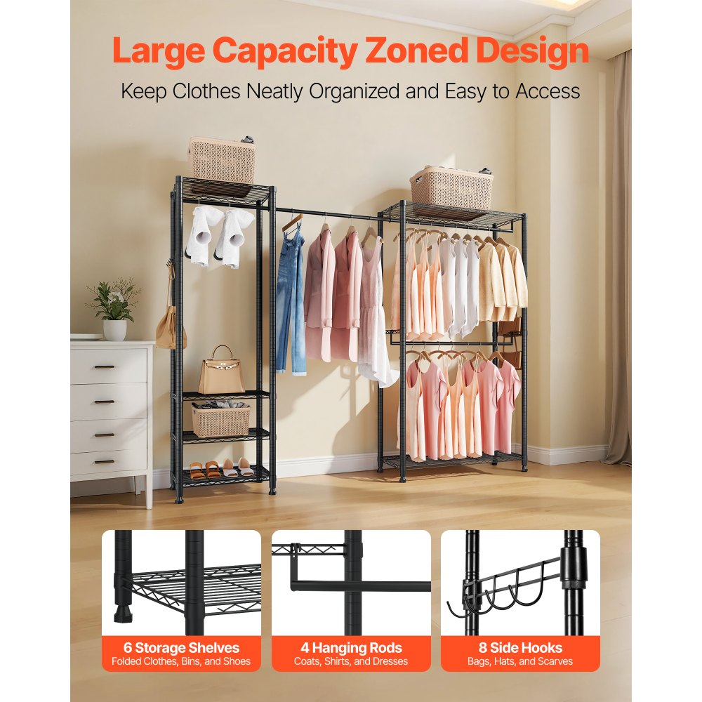 VEVOR Clothing Garment Rack, Heavy Duty Clothes Rack, Freestanding Clothes Racks with Steel Frame, 800 lbs Load Capacity Closet Wardrobe with Storage Shelves for Bedroom, Clothing Store, Hallway
