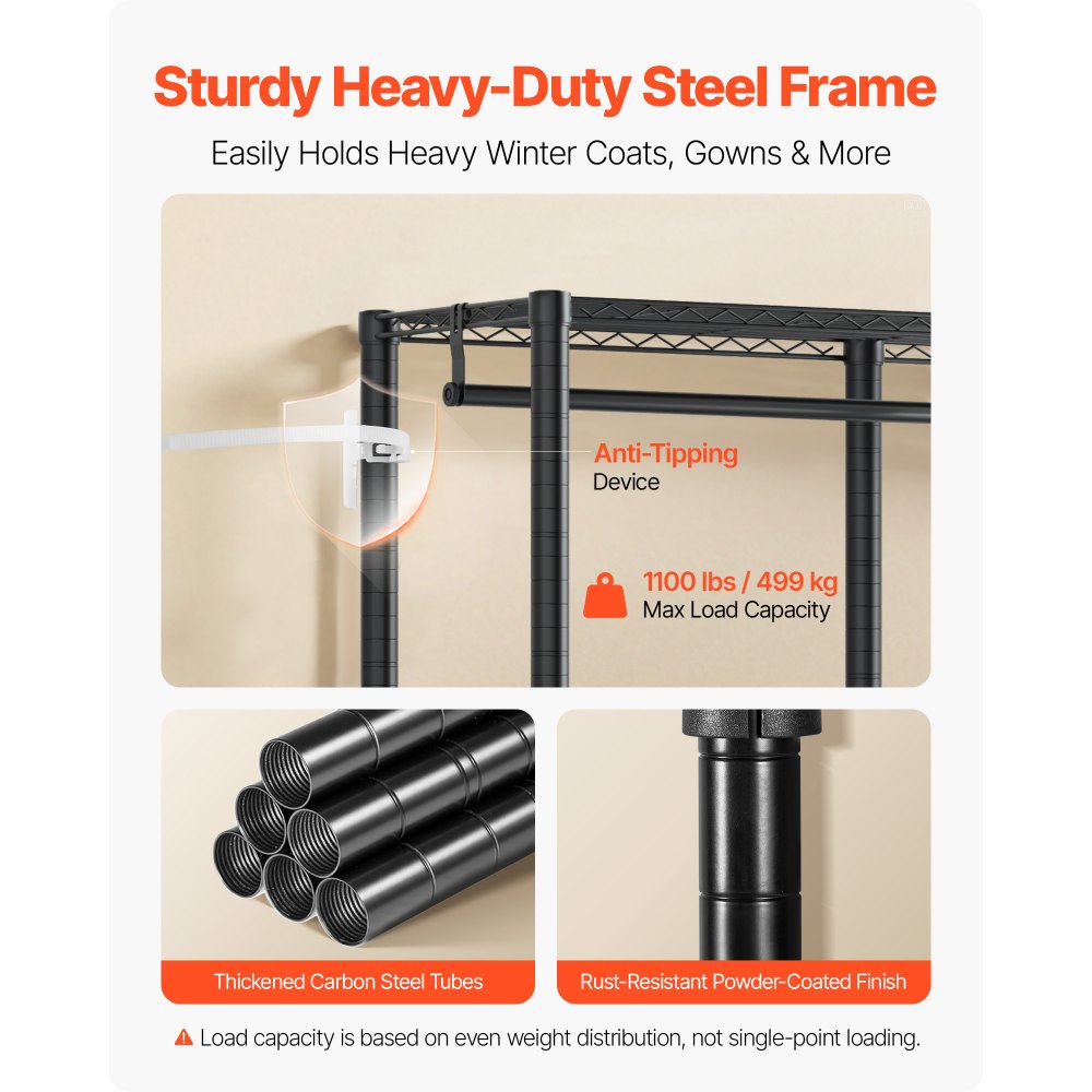 VEVOR Clothing Garment Rack, Heavy Duty Closet Wardrobe, Adjustable Tiers Clothes Racks with Steel Frame, 1100 lbs Load Capacity Clothes Rack with 4 Hanging Rods for Bedroom, Clothing Store, Hallway