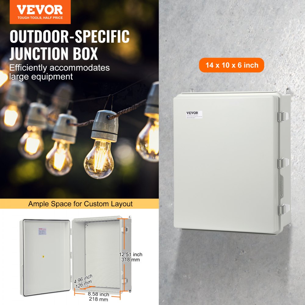 VEVOR Outdoor Electrical Junction Box, 13.78 x 9.84 x 5.90 in, ABS Plastic Electrical Enclosure Box with Hinged Cover Stainless Steel Latch, IP67 Dustproof Waterproof for Outdoor Electrical Projects