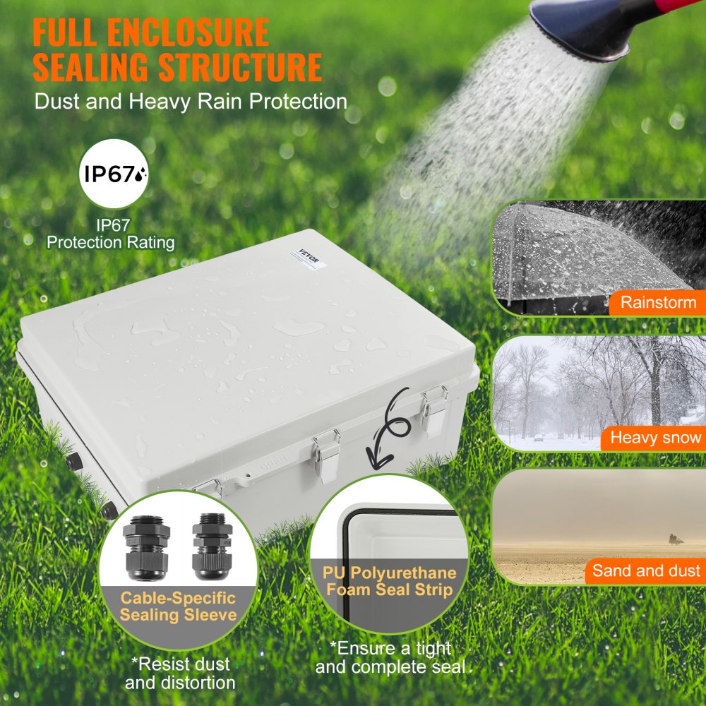 VEVOR Outdoor Electrical Junction Box, 13.78 x 9.84 x 5.90 in, ABS Plastic Electrical Enclosure Box with Hinged Cover Stainless Steel Latch, IP67 Dustproof Waterproof for Outdoor Electrical Projects