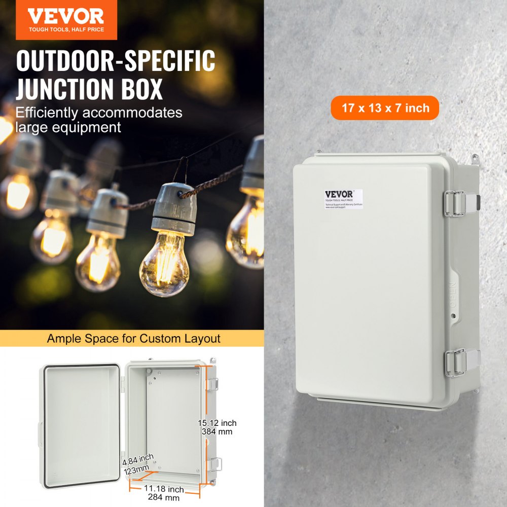 VEVOR Outdoor Electrical Junction Box, 16.93 x 12.99 x 7.09 in, ABS Plastic Electrical Enclosure Box with Hinged Cover Stainless Steel Latch, IP67 Dustproof Waterproof for Outdoor Electrical Projects