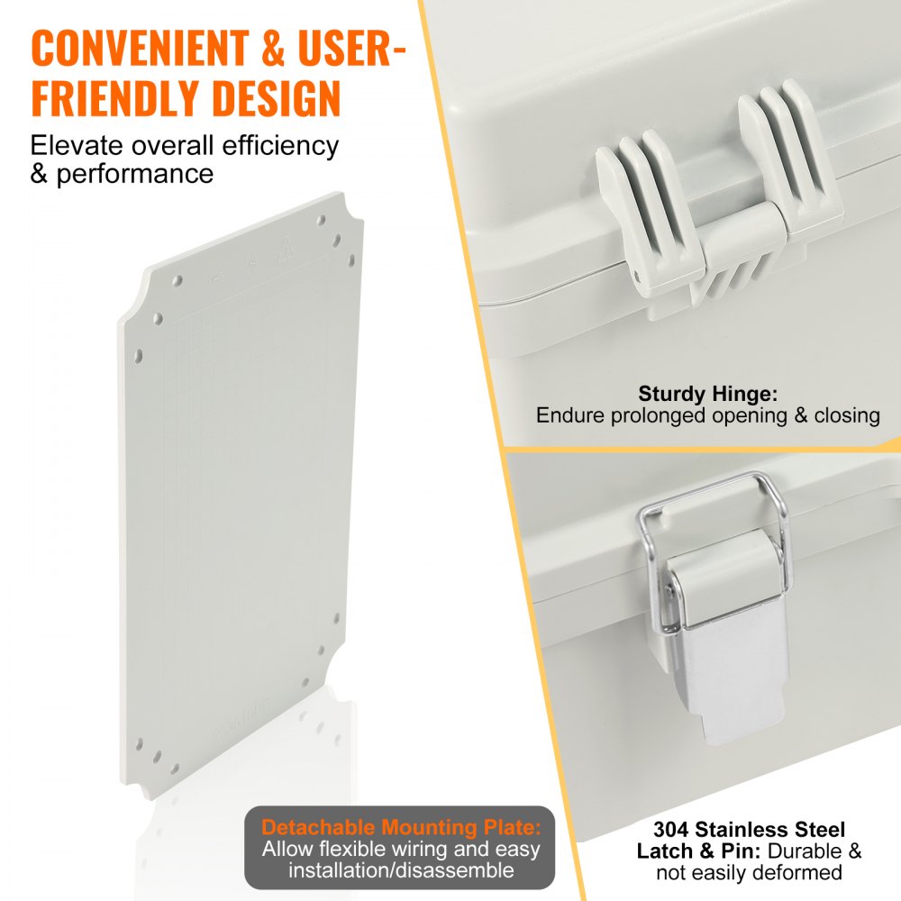 VEVOR Outdoor Electrical Junction Box, 16.93 x 12.99 x 7.09 in, ABS Plastic Electrical Enclosure Box with Hinged Cover Stainless Steel Latch, IP67 Dustproof Waterproof for Outdoor Electrical Projects