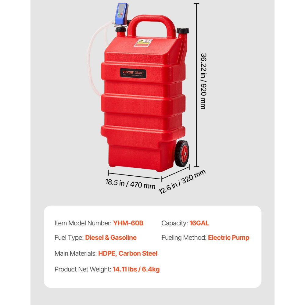 VEVOR Fuel Caddy, 16 Gallon, Portable Fuel Tank with 12V DC 2.5 GPM Electric Fuel Transfer Pump, 4 ft Delivery Hose & Auto-Stop Sensor Nozzle, Tank Adapters, Suitable for Diesel & Gasoline, Red