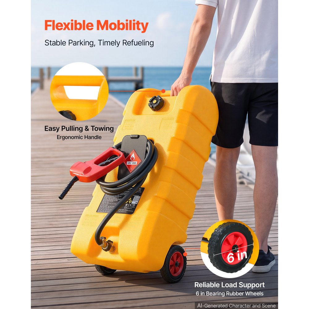 VEVOR 15 Gallon Fuel Caddy Portable Fuel Gas Transfer Tank with Manual Pump, for Gasoline Diesel Storage, Car, ATV, Boat, Lawn Mower, Motorcycle, Tractor, Gas Container Can with Wheels & Hose, Yellow