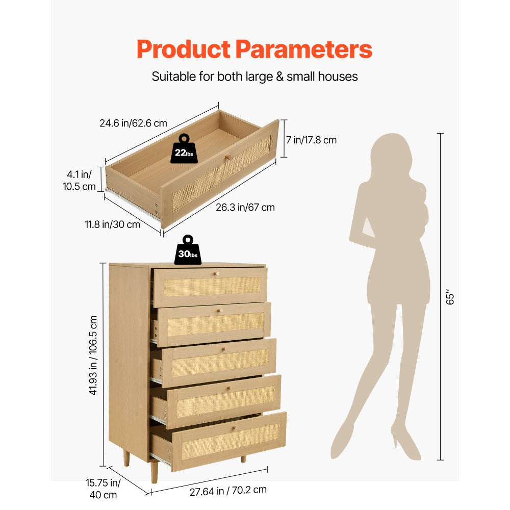VEVOR 5 Drawer Rattan Dresser, Modern Closet Dresser for Bedroom, Natural Rattan Chest of Drawers with Metal Handles & Wooden Legs, Chest Clothing Organizer & Storage for Bedroom, Living Room, Hallway